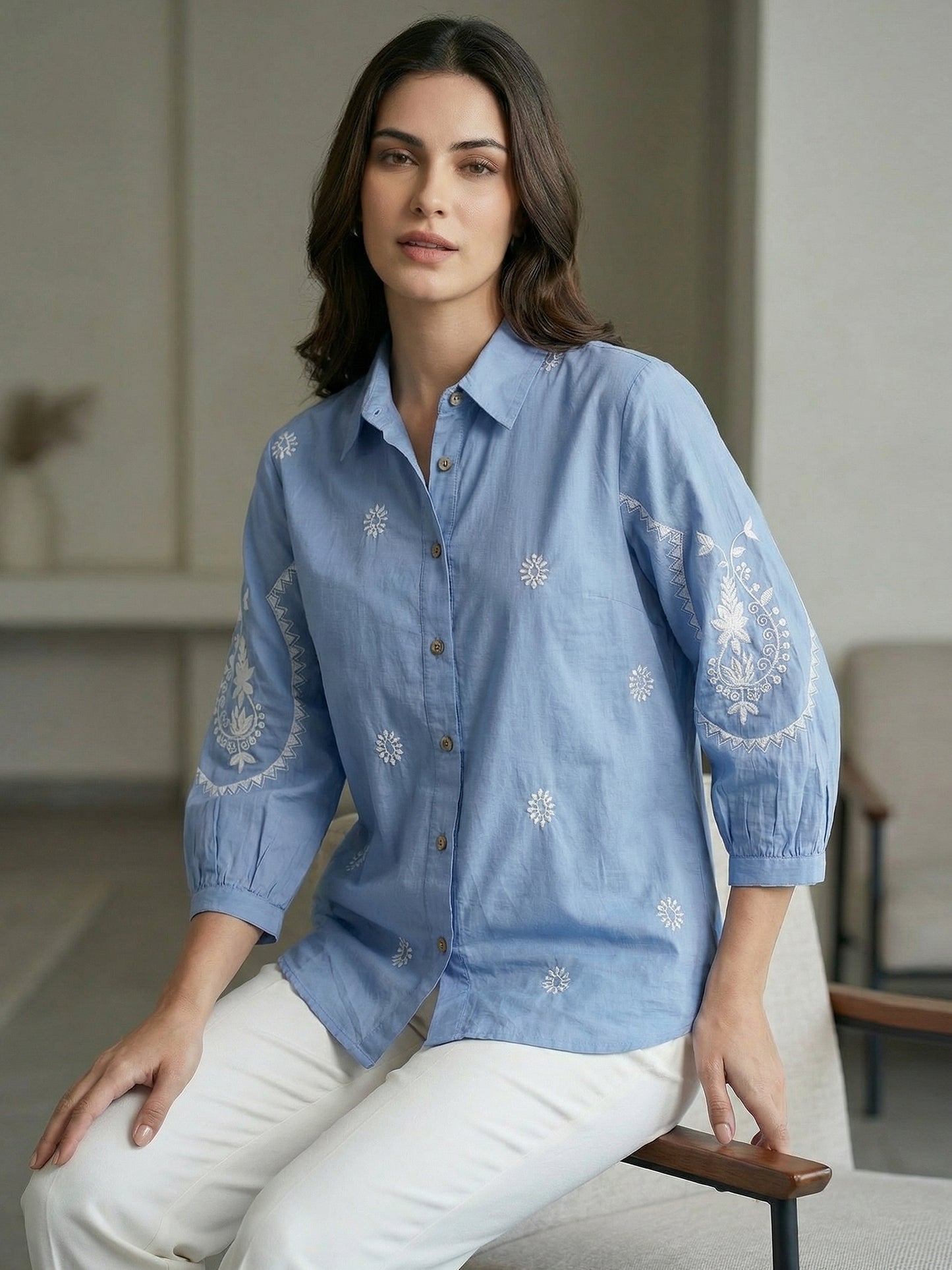 Kalparun Powder Blue Embroidered Shirt