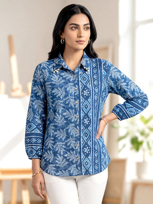 Blue printed cotton shirt for women