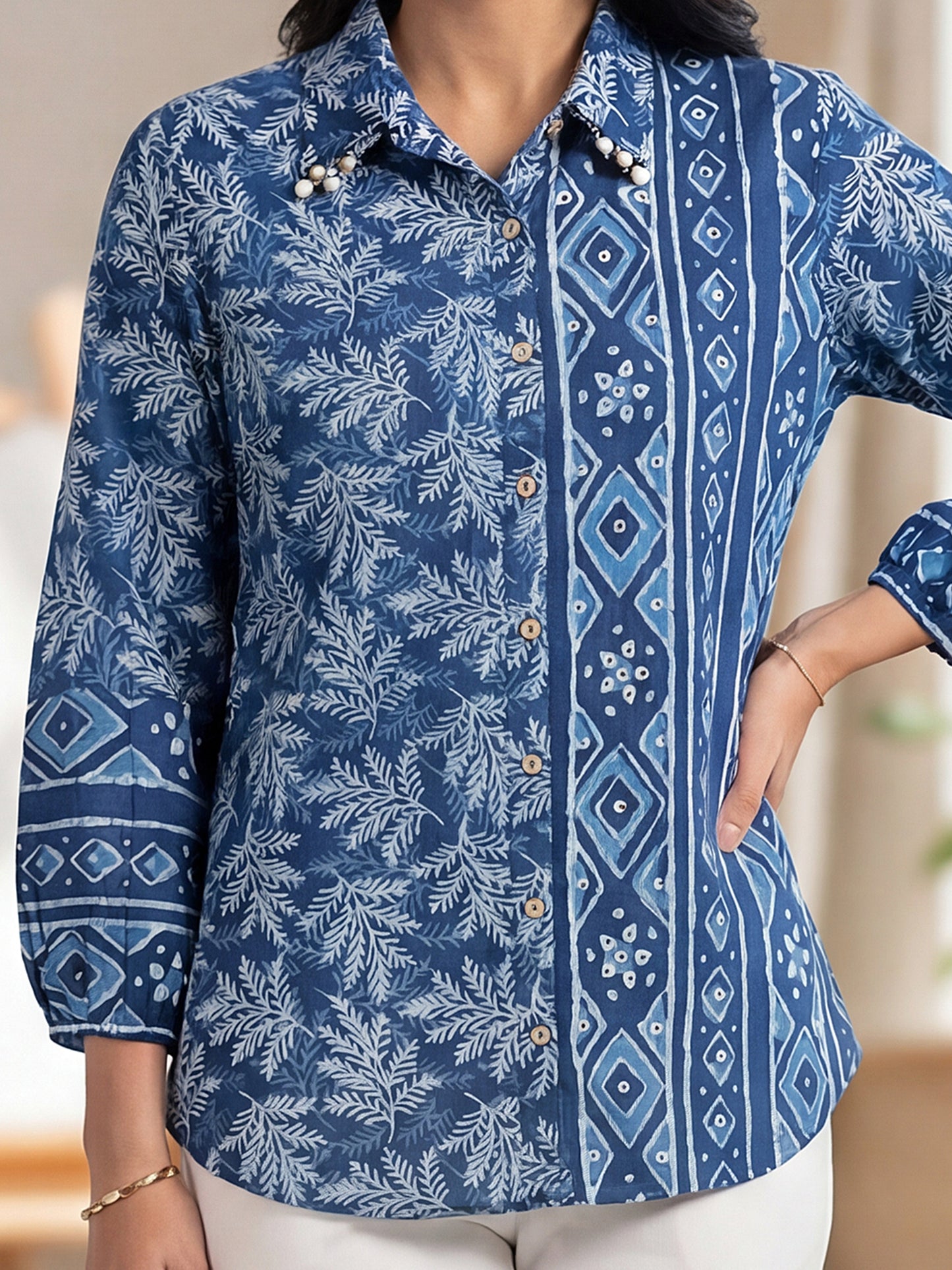 Blue Printed Embellished Cotton Shirt For Women