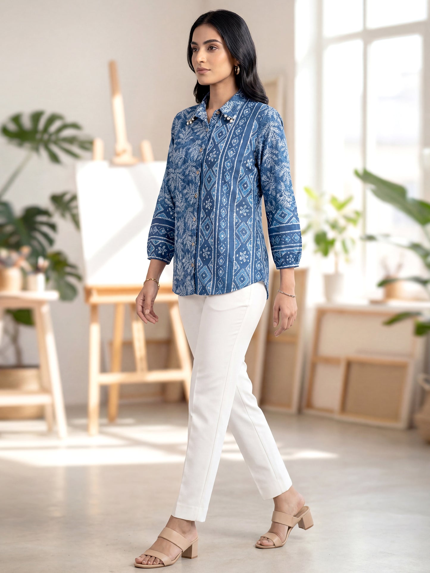 Blue Printed Embellished Cotton Shirt For Women