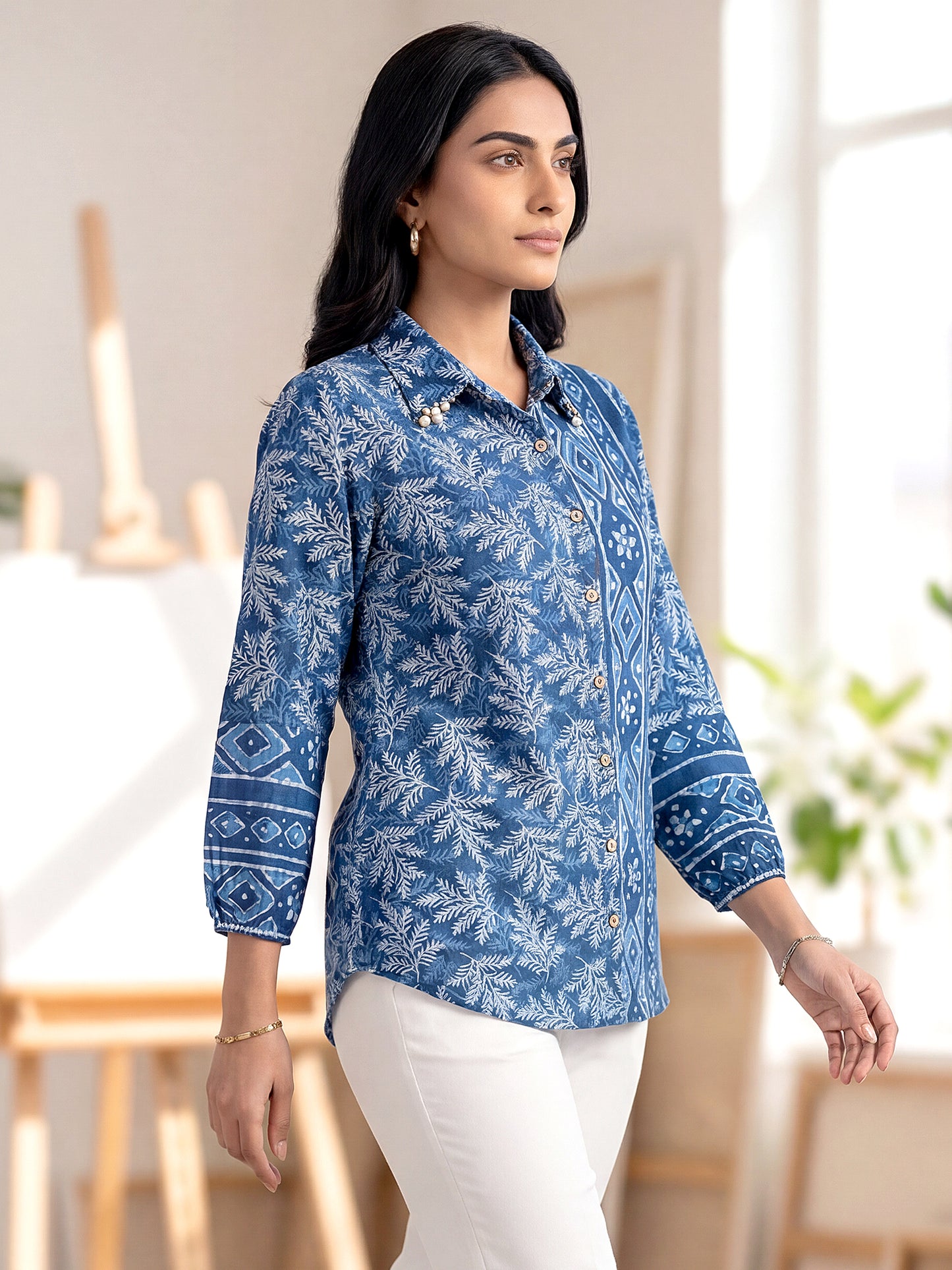 Blue Printed Embellished Cotton Shirt For Women