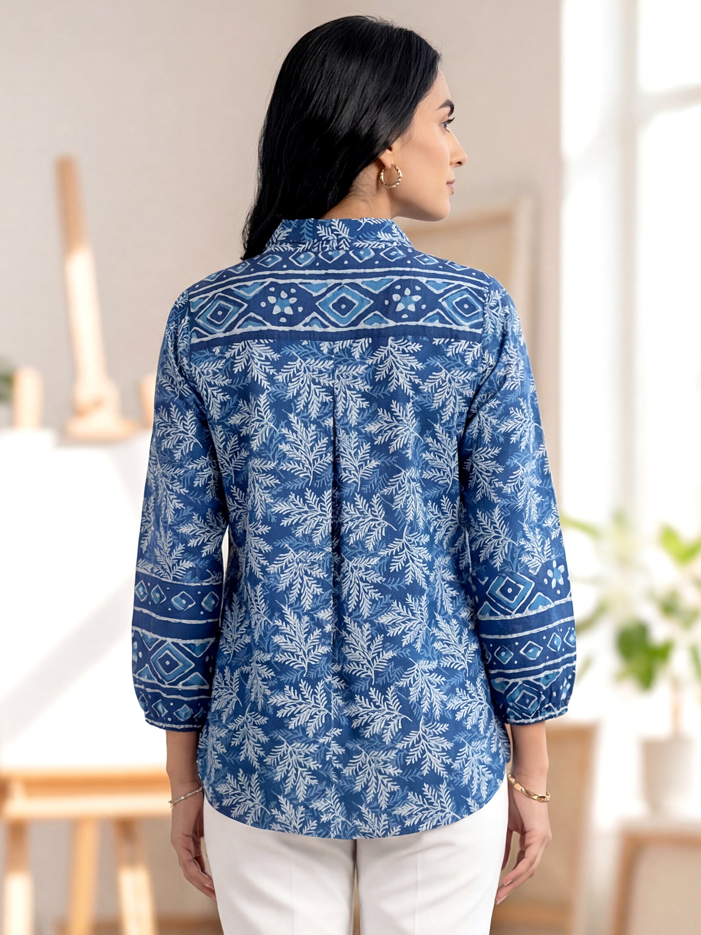 Blue Printed Embellished Cotton Shirt For Women