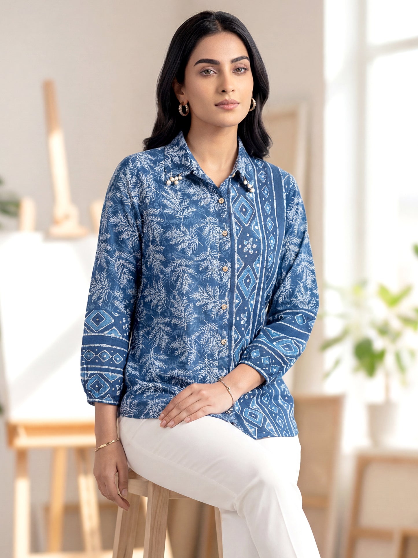 Blue Printed Embellished Cotton Shirt For Women