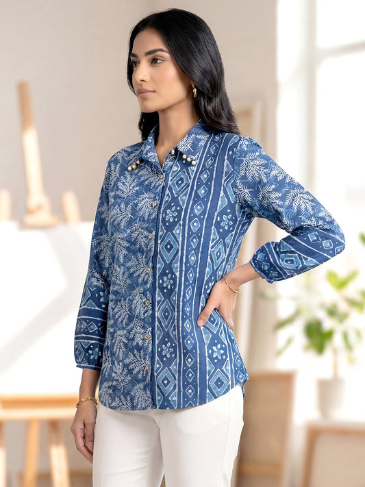 Blue printed cotton shirt for women