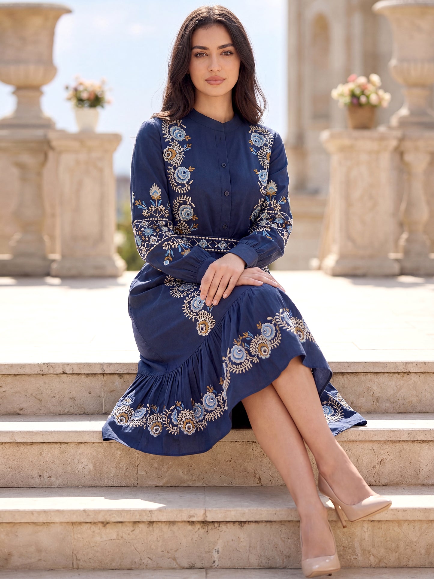 Women’s Blue Cotton Floral Embroidered Midi Dress with Belt