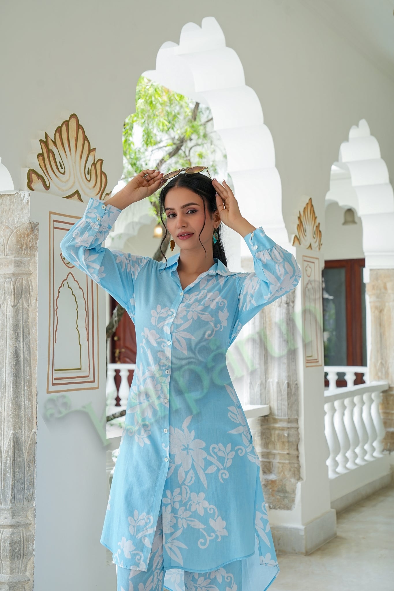 Kalparun Women's Sky Blue & White Floral Print Cotton Kurta with Pant Set | Button-Down Style