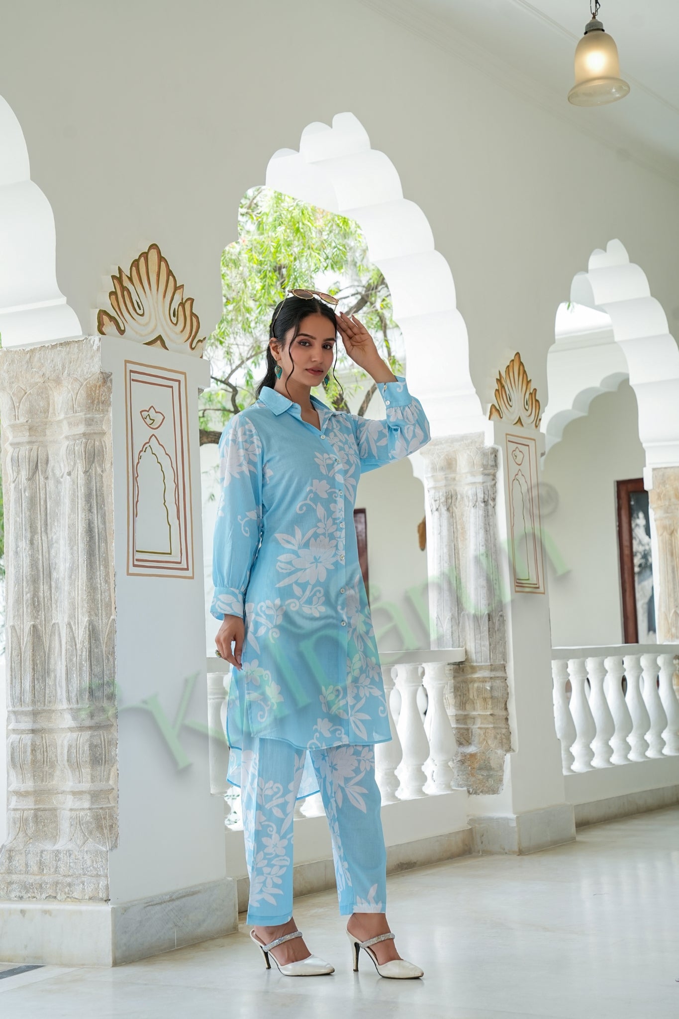 Kalparun Women's Sky Blue & White Floral Print Cotton Kurta with Pant Set | Button-Down Style