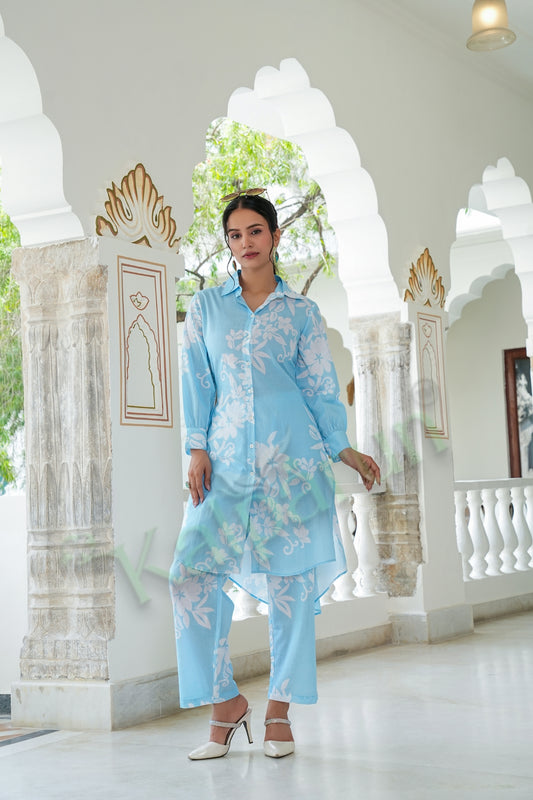 Kalparun Women's Sky Blue & White Floral Print Cotton Kurta with Pant Set | Button-Down Style