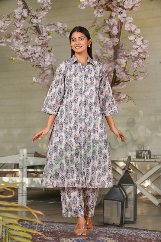 Kalparun Women's Paisley Print Cotton Kurta Pant Set, Button-Down Kurta Set, Grey and Pink Color