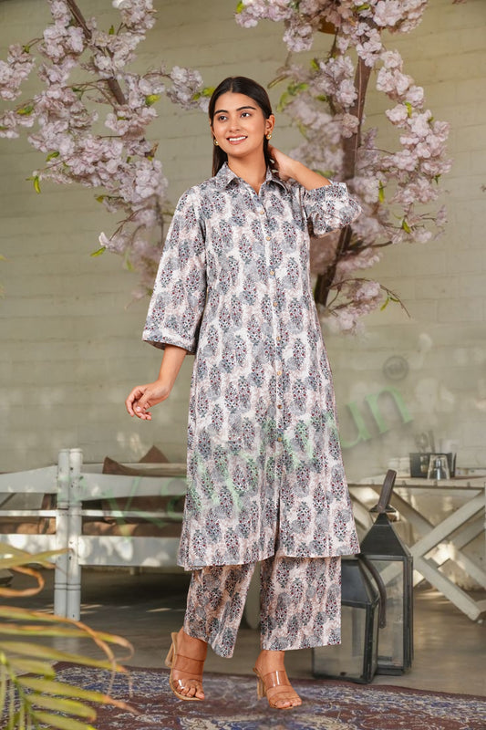 Kalparun Women's Paisley Print Cotton Kurta Pant Set, Button-Down Kurta Set, Grey and Pink Color