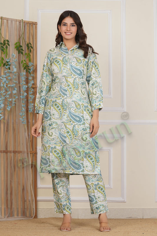Kalparun Floral Print Rayon Kurta Set with Pants, Blue and Beige Kurta Set, Collared Neck