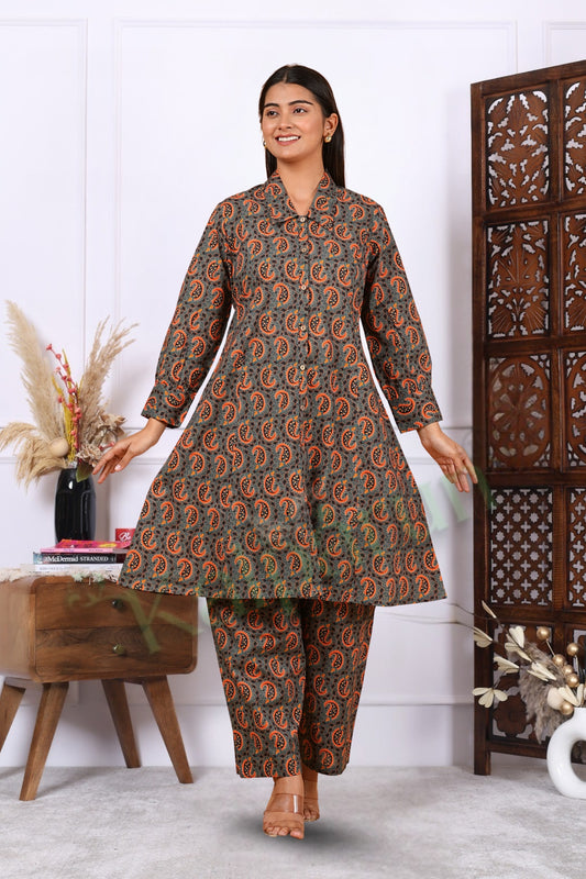 Kalparun Women's Paisley Print Cotton Kurta Pant Set, Button-Down Kurta Set, Grey and Orange