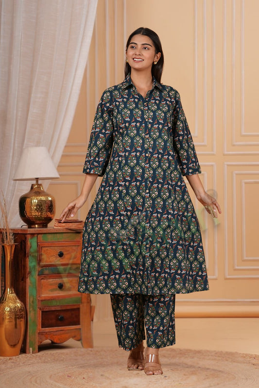 Traditional Paisley Print Cotton Kurta Pant Set, Button-Down Kurta Set, Navy Blue with Multi-Color Pattern