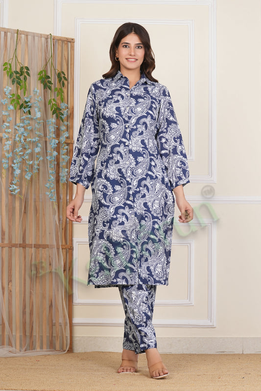 Kalparun Floral Print Rayon Kurta Set with Pants, Blue Kurta Set, Collared Neck