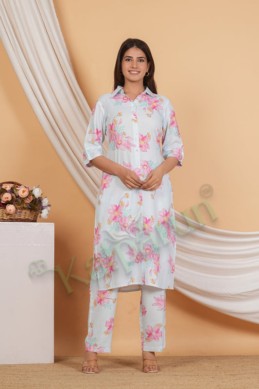 Kalparun Floral Print Rayon Kurta Set with Pant, Pink Kurta Set, Collared Neck