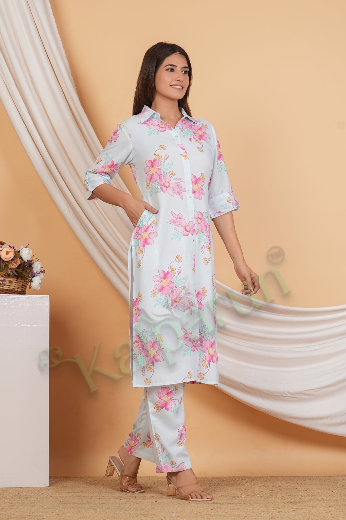 Kalparun Floral Print Rayon Kurta Set with Pant, Pink Kurta Set, Collared Neck