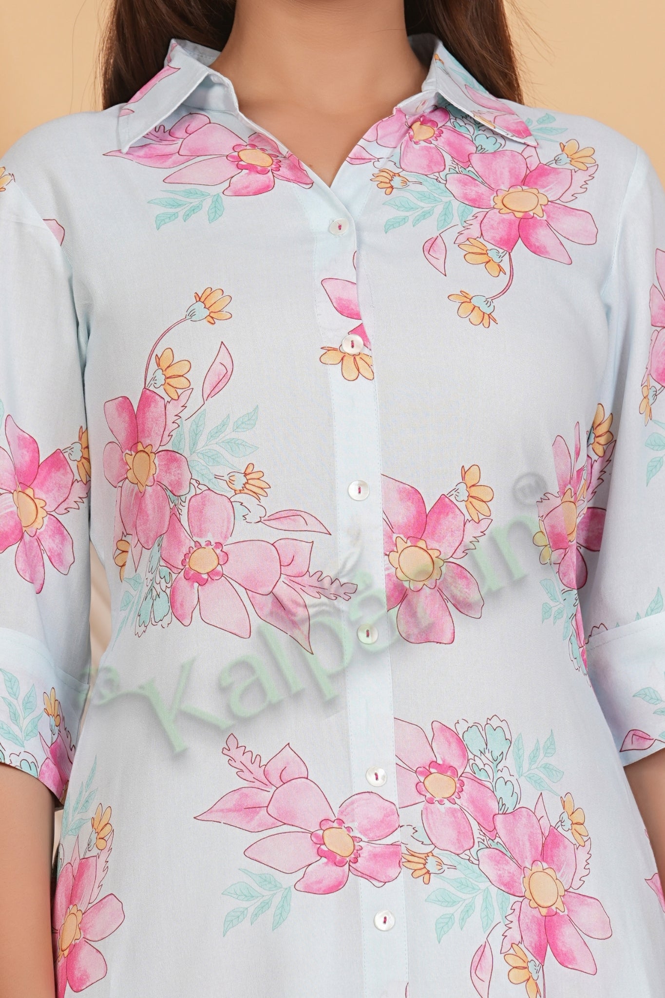 Kalparun Floral Print Rayon Kurta Set with Pant, Pink Kurta Set, Collared Neck