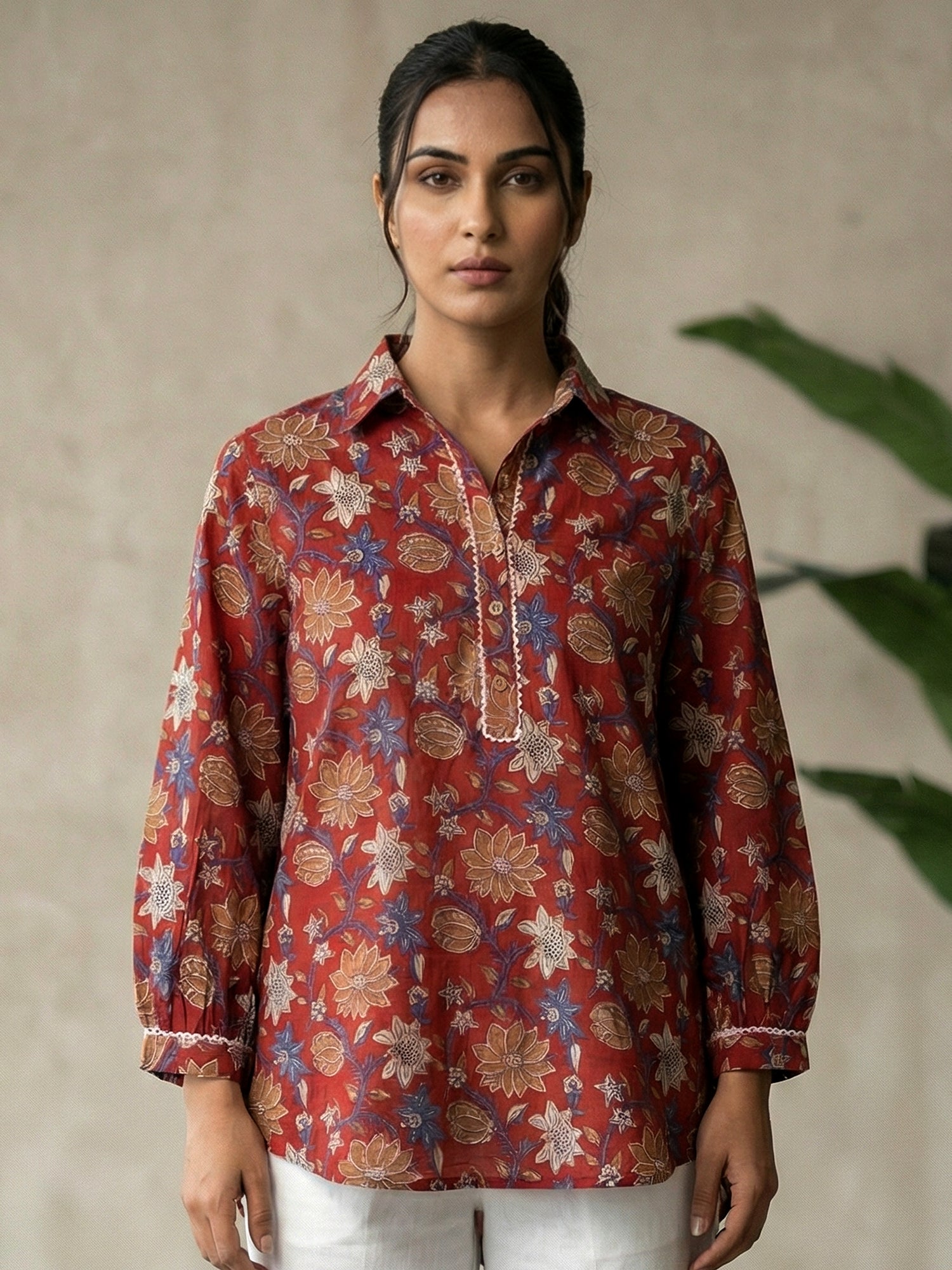 maroon-printed-cotton-shirt for women