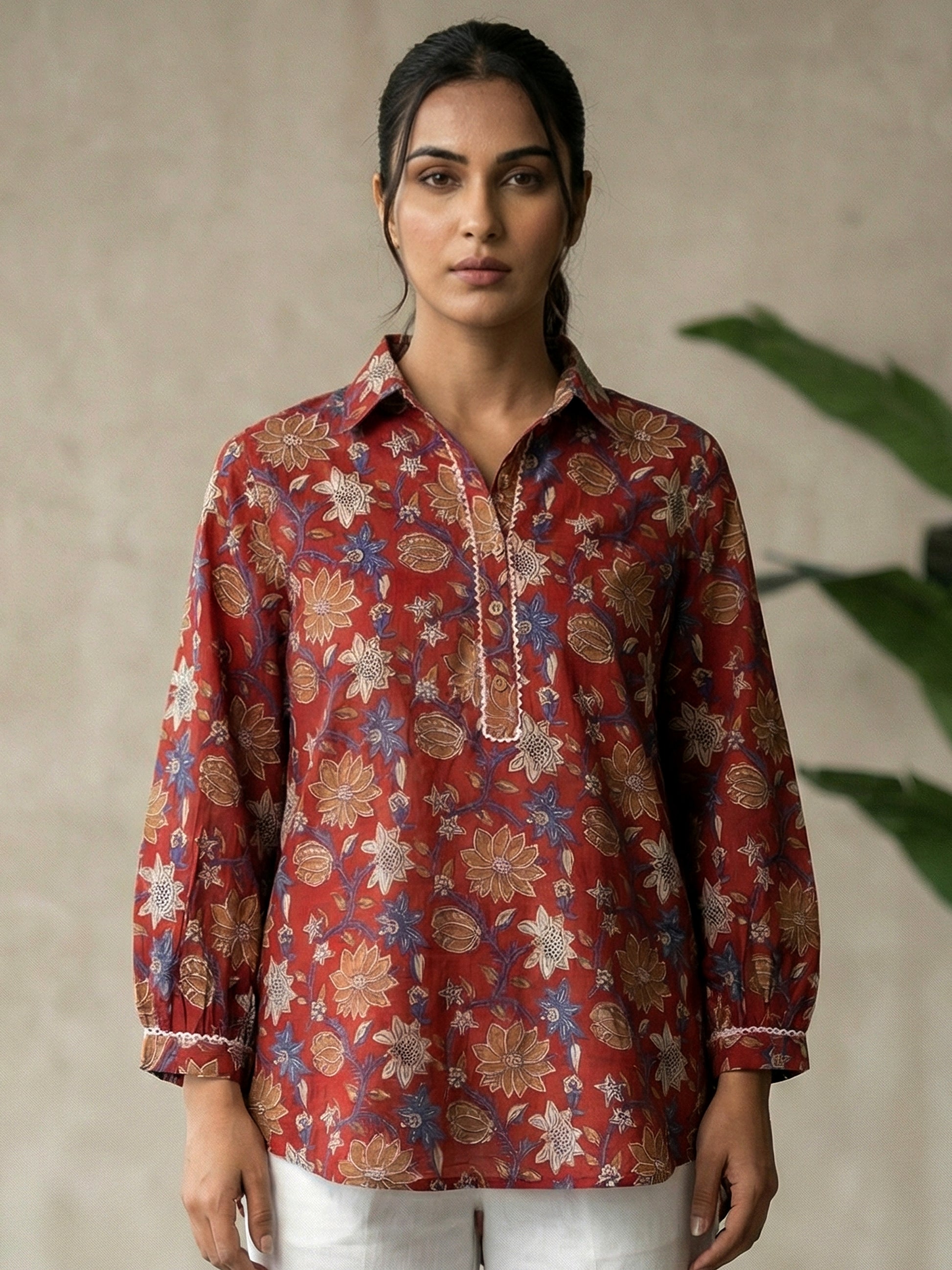 maroon-printed-cotton-shirt for women