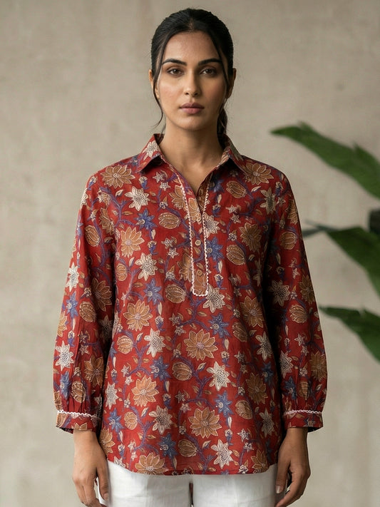 maroon-printed-cotton-shirt for women